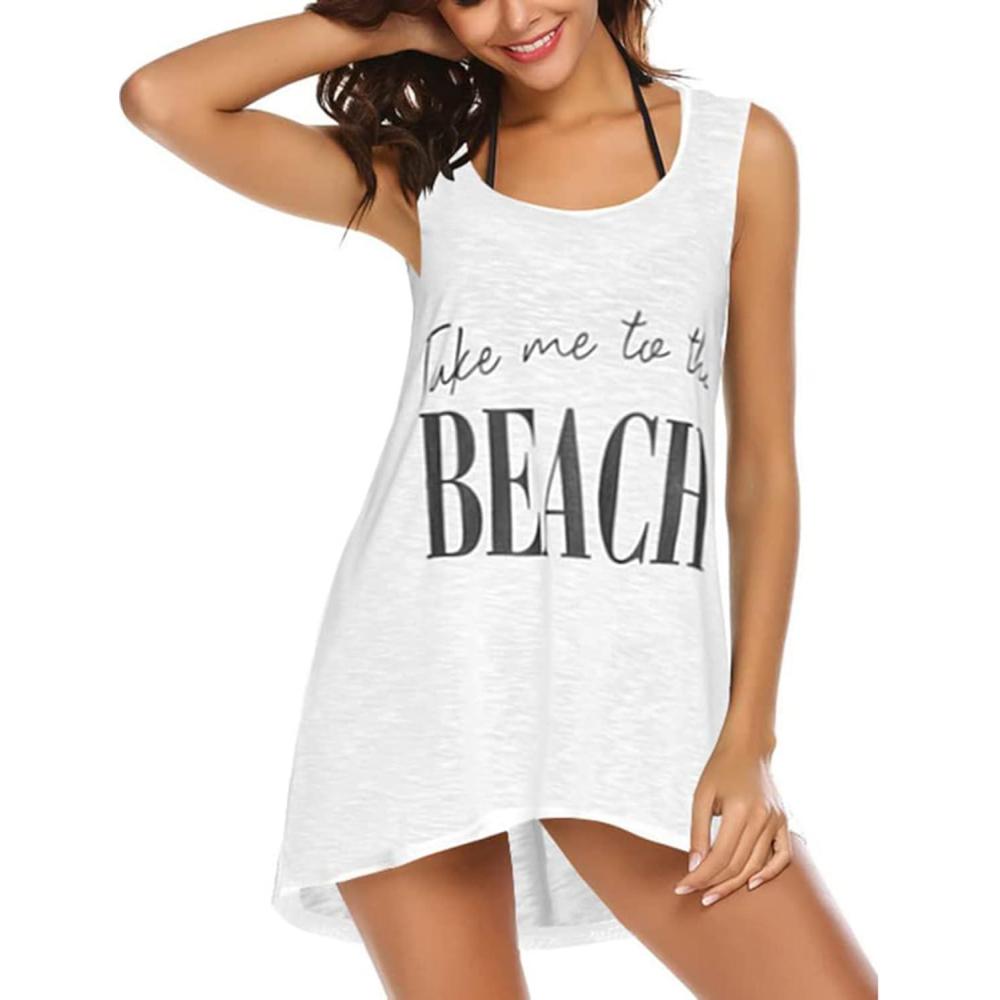 imageEkouaer Womens Sleeveless Swimwear Coverups TShirt Beach Dress Tank Bikini Cover Up with PrintAwhite