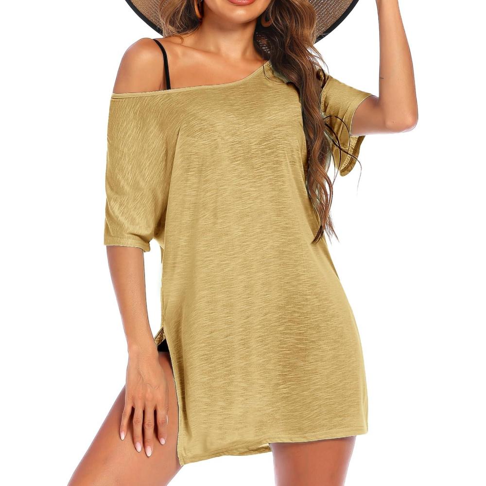imageEkouaer Womens Swimsuit Beach Cover Up Short Sleeve Cover Ups for Swimwear Bathing Suit Coverups SXXXLApricot