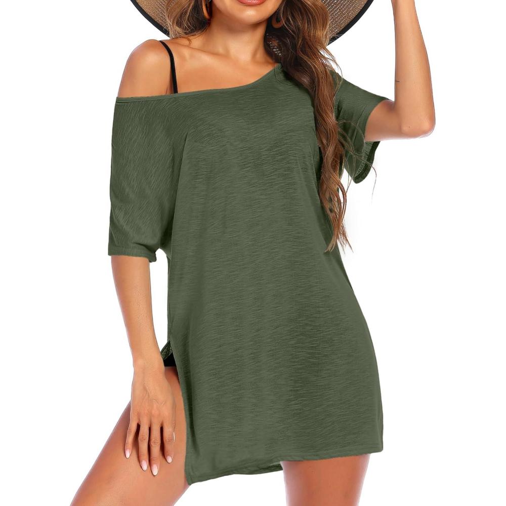 imageEkouaer Womens Swimsuit Beach Cover Up Short Sleeve Cover Ups for Swimwear Bathing Suit Coverups SXXXLArmy Green