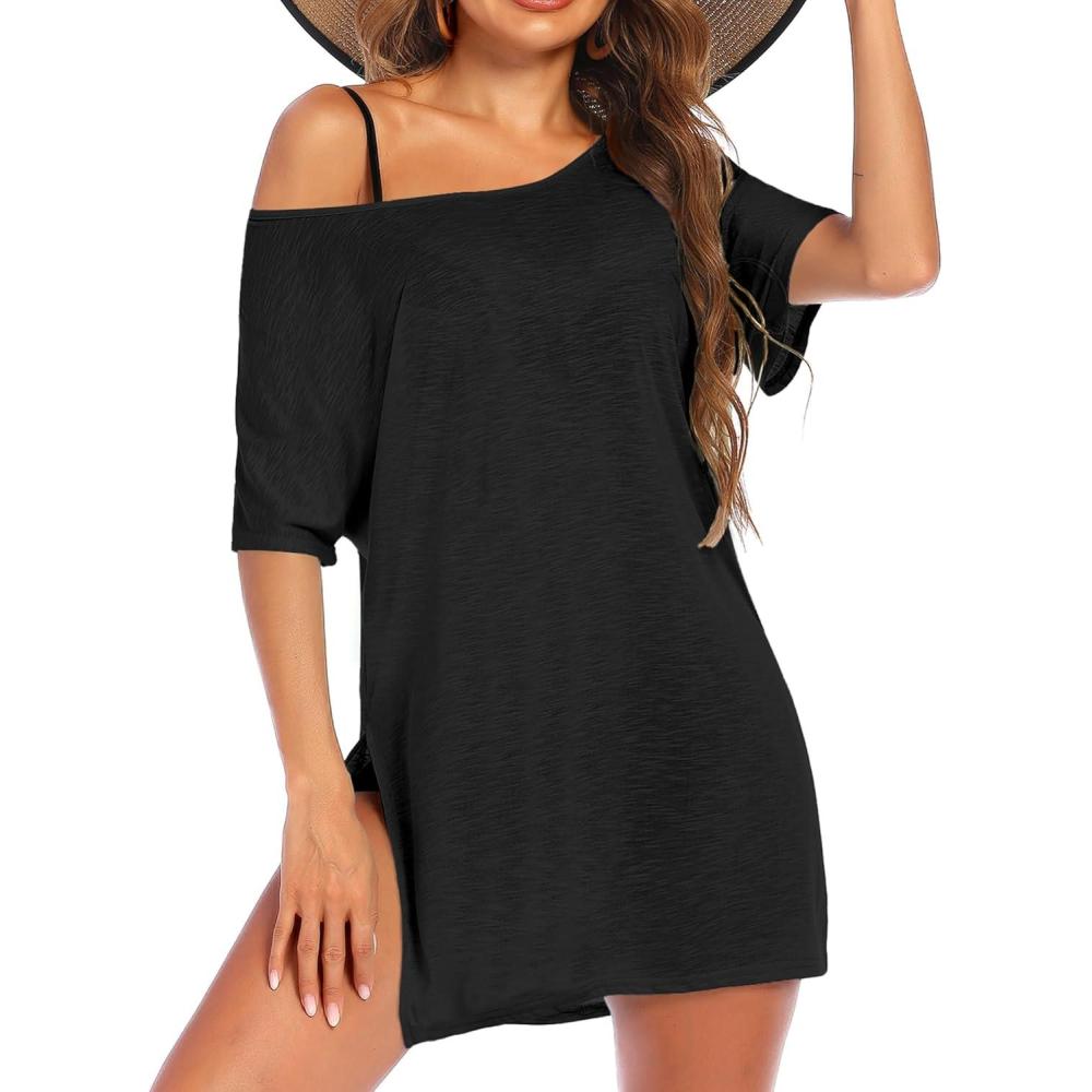 imageEkouaer Womens Swimsuit Beach Cover Up Short Sleeve Cover Ups for Swimwear Bathing Suit Coverups SXXXLBlack