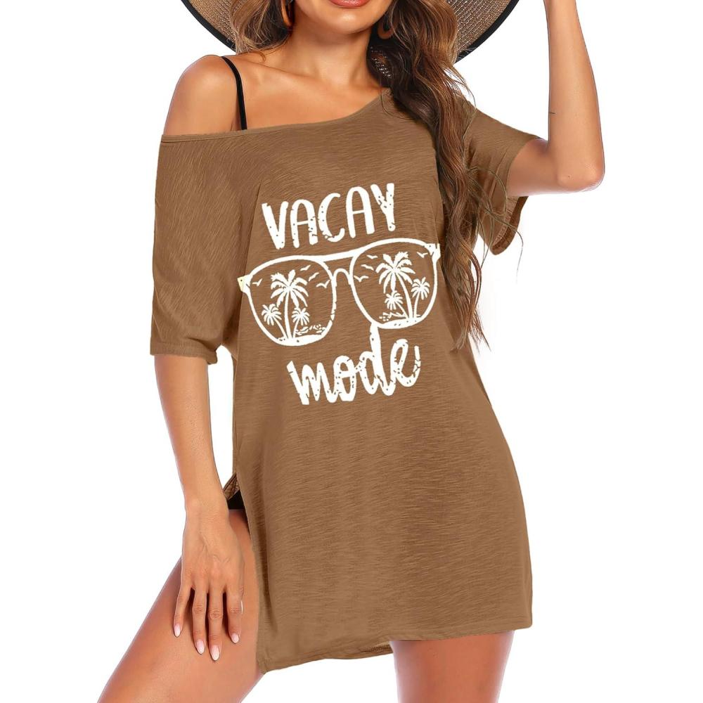 imageEkouaer Womens Swimsuit Beach Cover Up Short Sleeve Cover Ups for Swimwear Bathing Suit Coverups SXXXLBrown Coconut Tree Letter