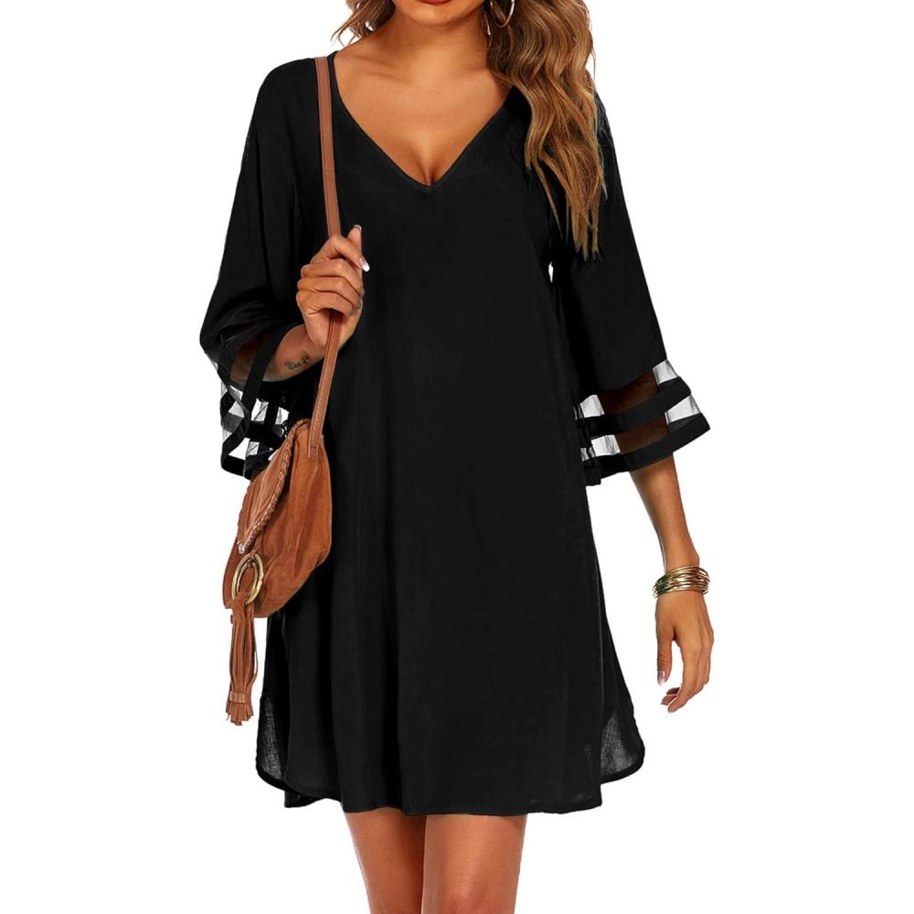 imageEkouaer Womens Swimsuit Cover Up 34 Bell Sleeve Beachwear Coverups Deep VNeck Bikini Beach Dress S3XLBlack