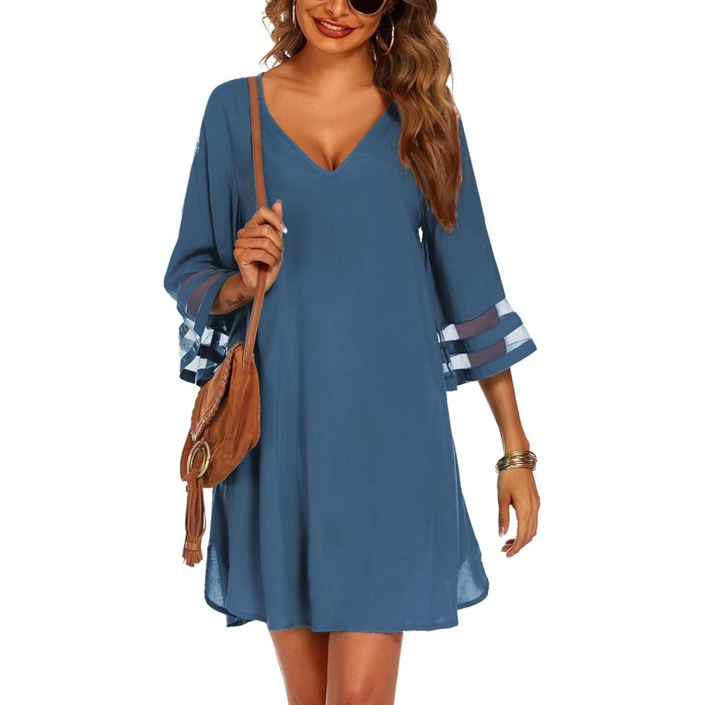 imageEkouaer Womens Swimsuit Cover Up 34 Bell Sleeve Beachwear Coverups Deep VNeck Bikini Beach Dress S3XLDeep Blue