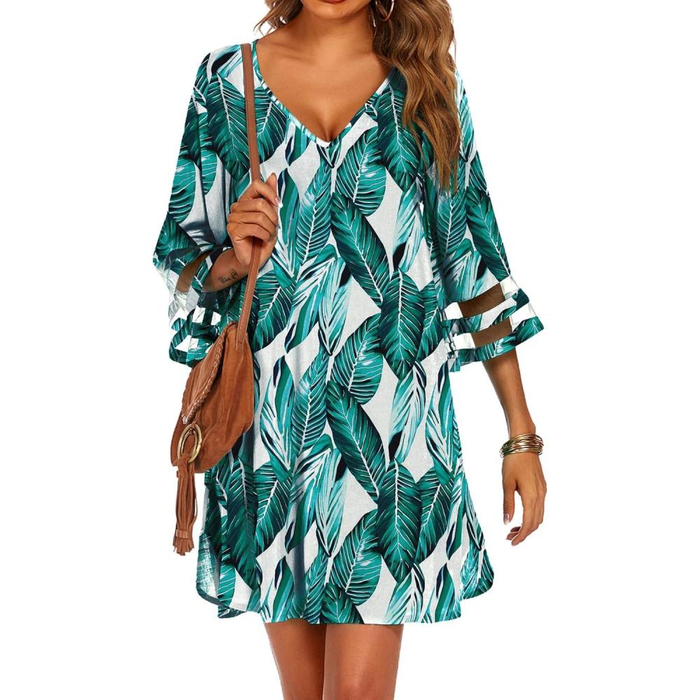 imageEkouaer Womens Swimsuit Cover Up 34 Bell Sleeve Beachwear Coverups Deep VNeck Bikini Beach Dress S3XLY Big Green Leaves
