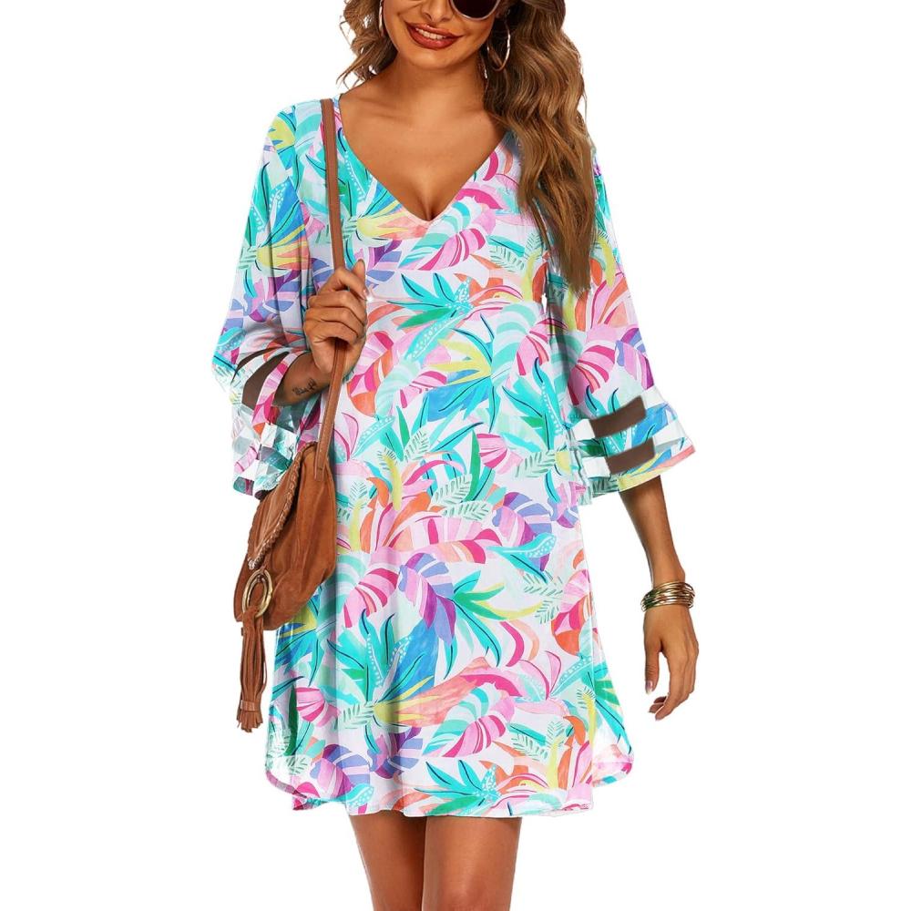 imageEkouaer Womens Swimsuit Cover Up 34 Bell Sleeve Beachwear Coverups Deep VNeck Bikini Beach Dress S3XLY Fantasy Vacation Multi