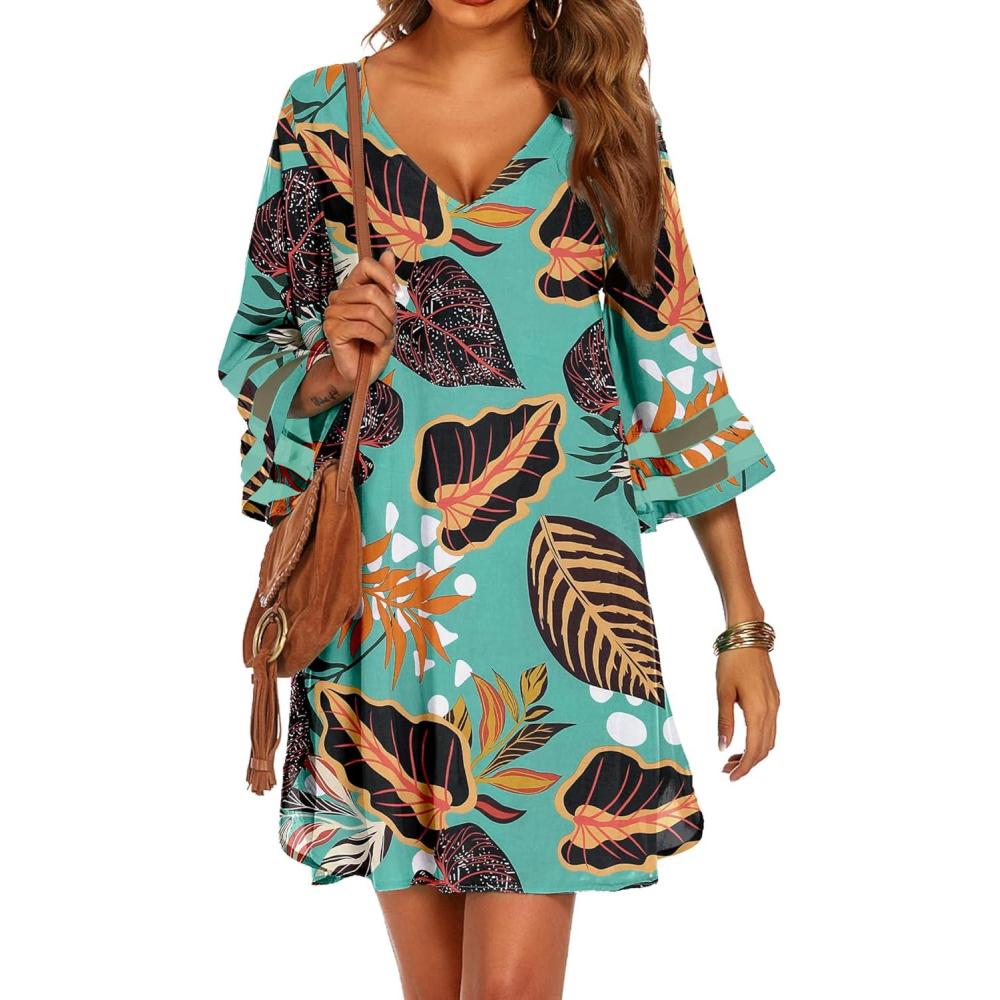 imageEkouaer Womens Swimsuit Cover Up 34 Bell Sleeve Beachwear Coverups Deep VNeck Bikini Beach Dress S3XLZ Green Tropical Print