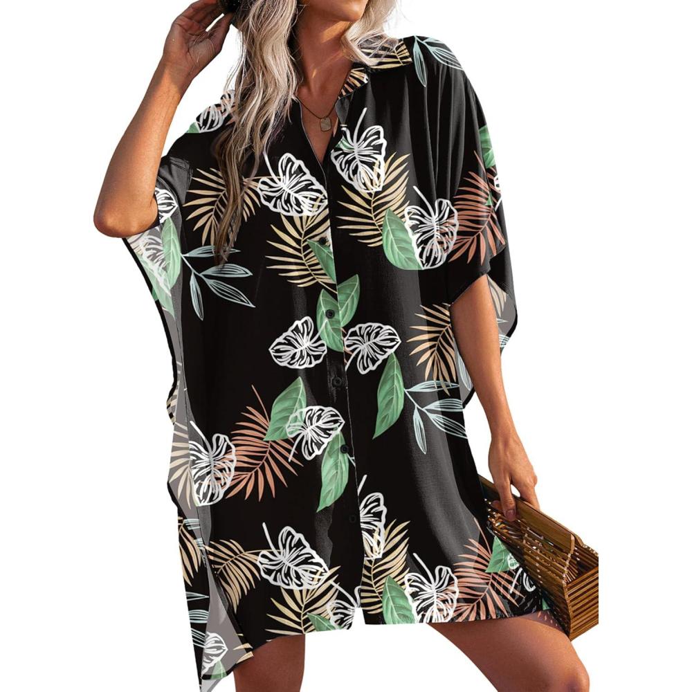 imageEkouaer Womens Swimsuit Cover Up 34 Sleeve Beachwear Bikini Coverups Button Down Oversized Cover Up Shirt S3XLBlack Colorful Leaf