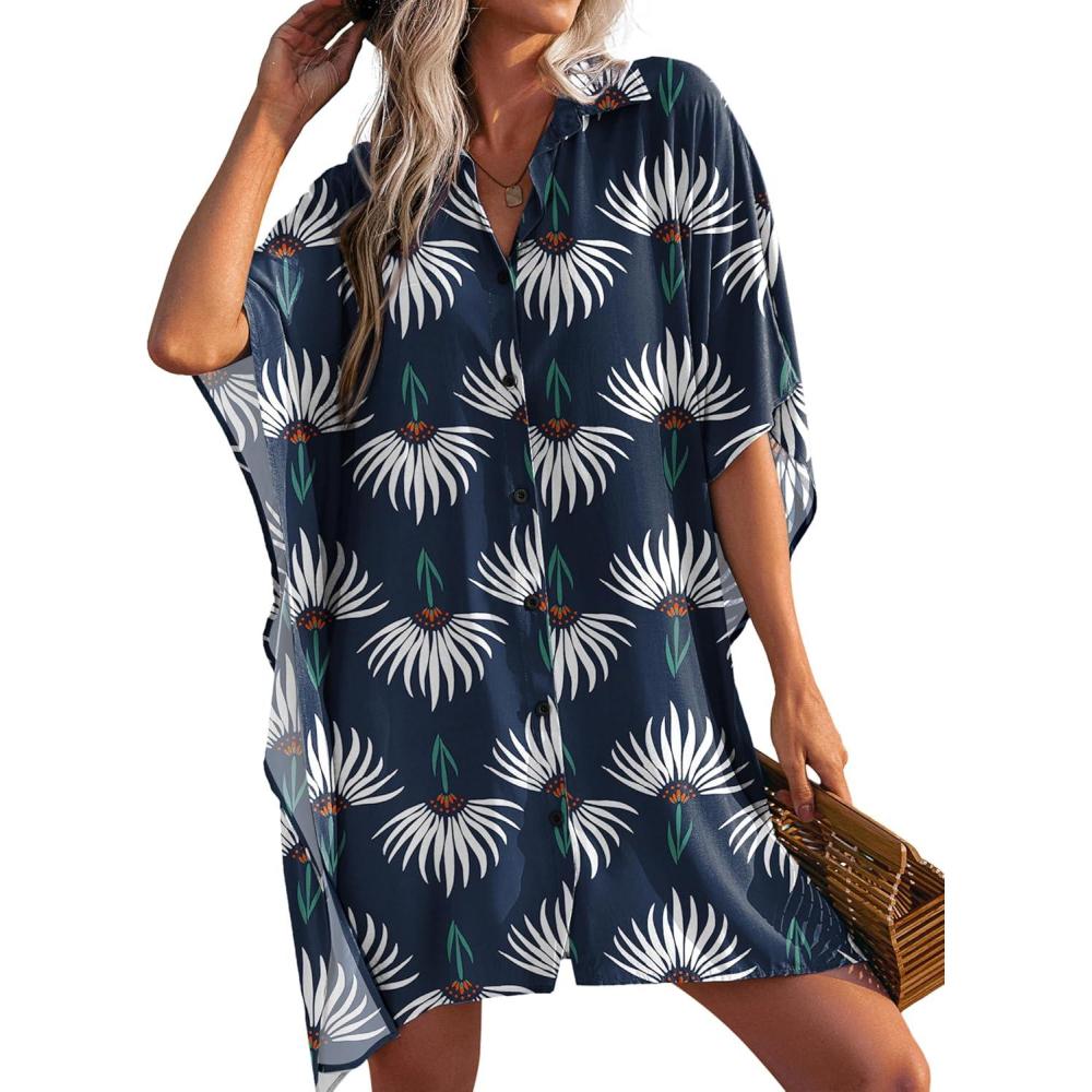 imageEkouaer Womens Swimsuit Cover Up 34 Sleeve Beachwear Bikini Coverups Button Down Oversized Cover Up Shirt S3XLGreen White Floral
