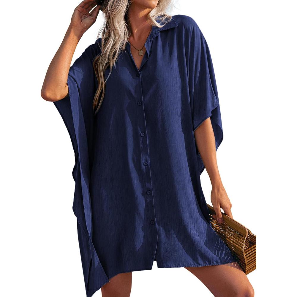 imageEkouaer Womens Swimsuit Cover Up 34 Sleeve Beachwear Bikini Coverups Button Down Oversized Cover Up Shirt S3XLNavy Blue