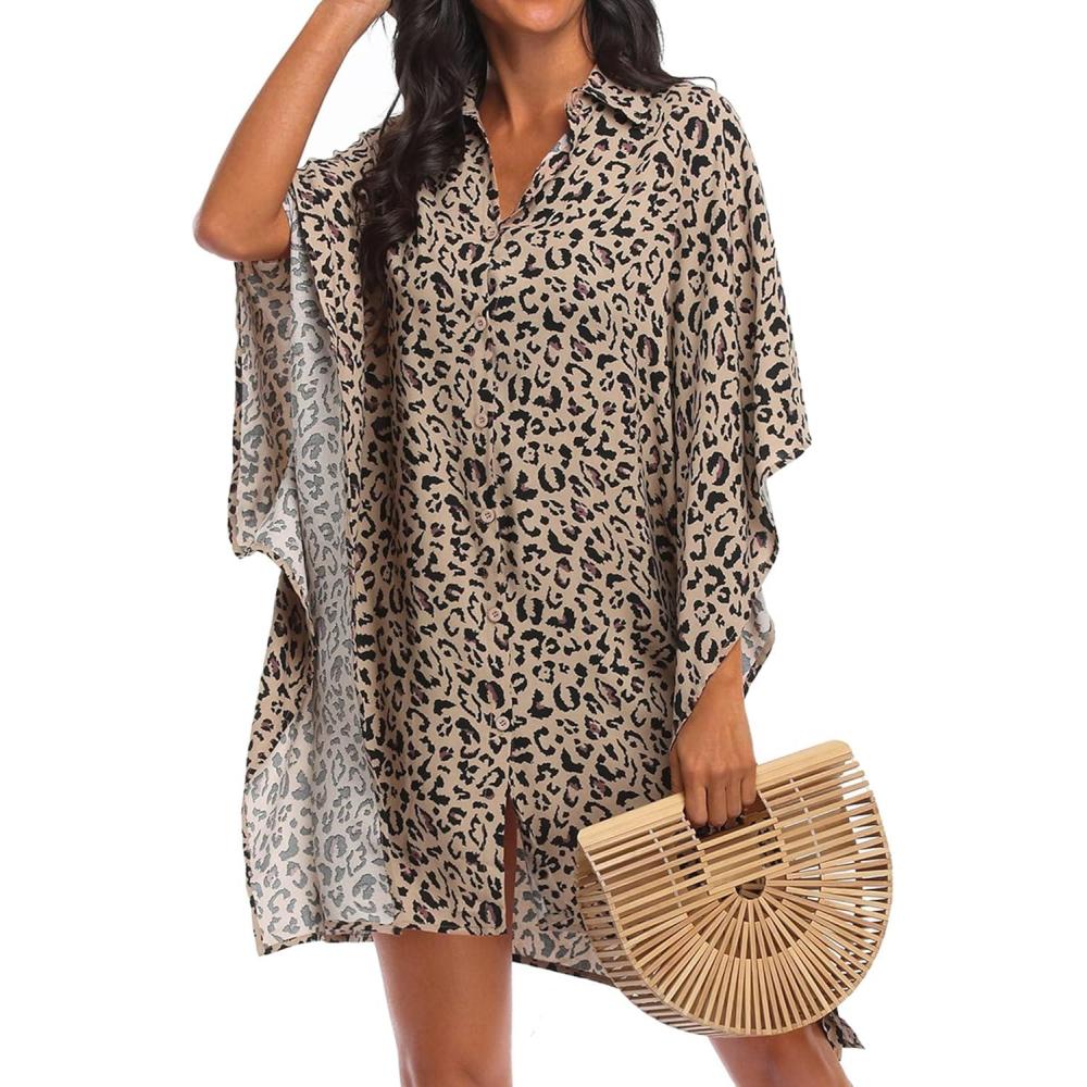 imageEkouaer Womens Swimsuit Cover Up 34 Sleeve Beachwear Bikini Coverups Button Down Oversized Cover Up Shirt S3XLPat1leopard