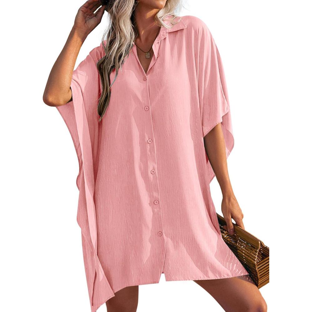 imageEkouaer Womens Swimsuit Cover Up 34 Sleeve Beachwear Bikini Coverups Button Down Oversized Cover Up Shirt S3XLPink