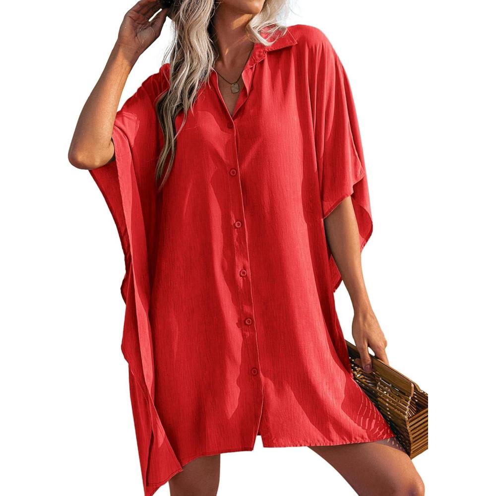 imageEkouaer Womens Swimsuit Cover Up 34 Sleeve Beachwear Bikini Coverups Button Down Oversized Cover Up Shirt S3XLRed
