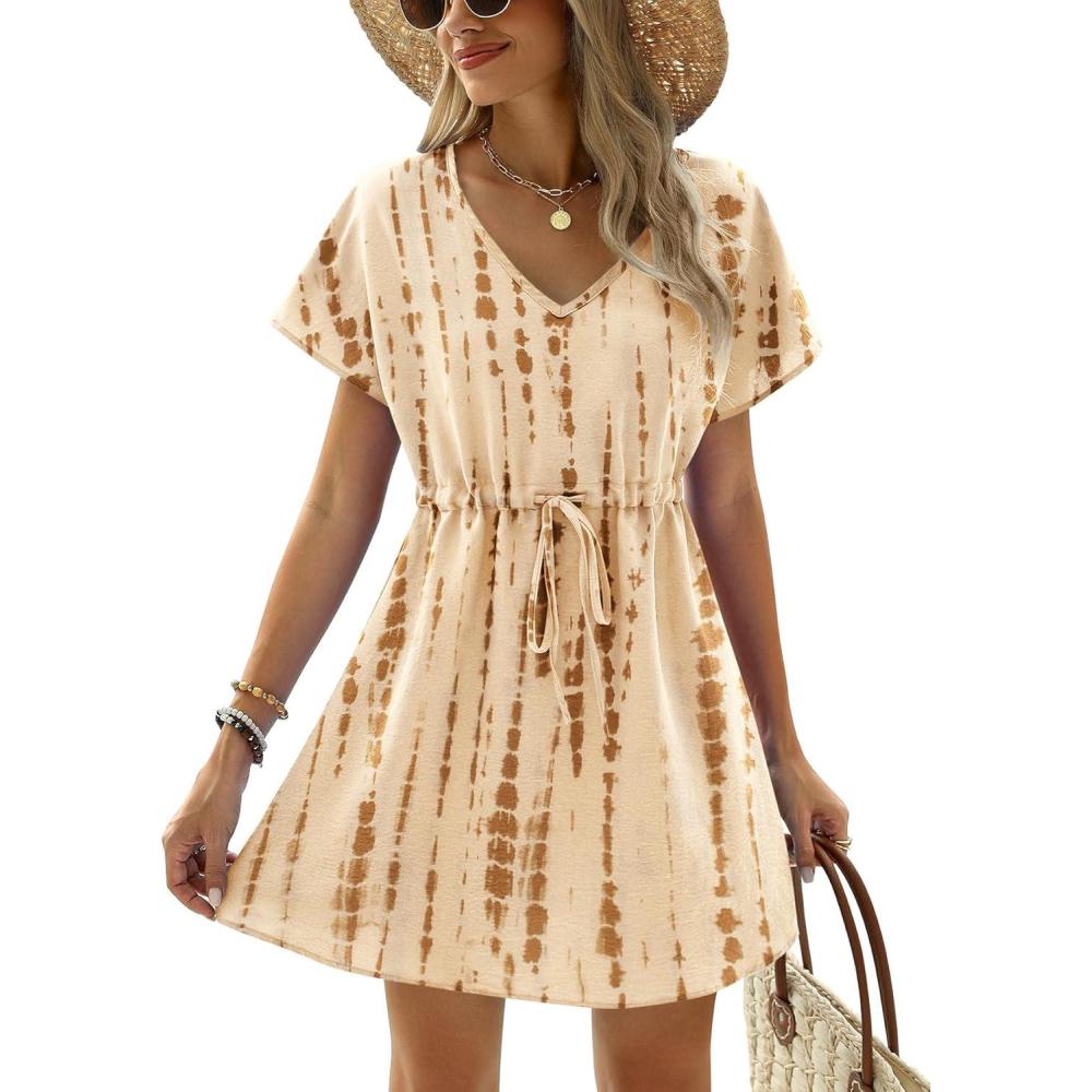 imageEkouaer Womens Swimsuit Coverup Short Sleeve Beach Cover Up Dress V Neck Bikini BeachwearApricot Brown Tie Dye
