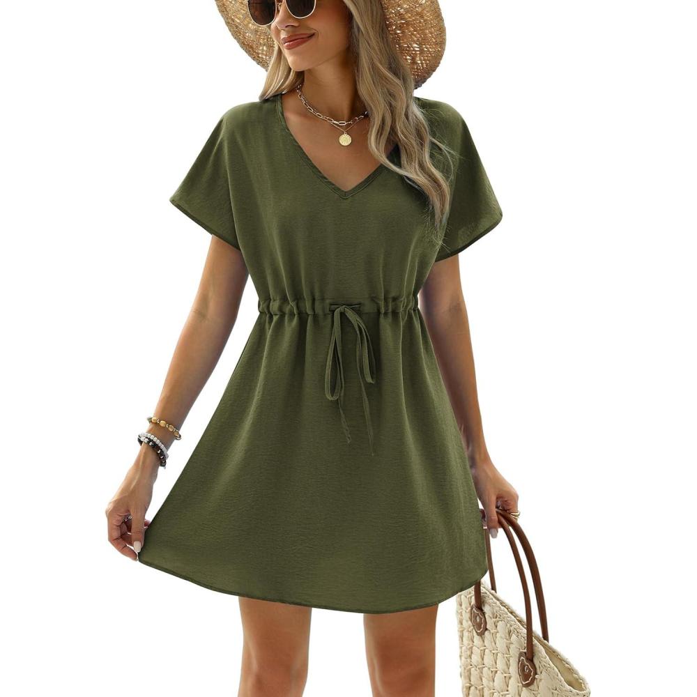 imageEkouaer Womens Swimsuit Coverup Short Sleeve Beach Cover Up Dress V Neck Bikini BeachwearBarmy Green301