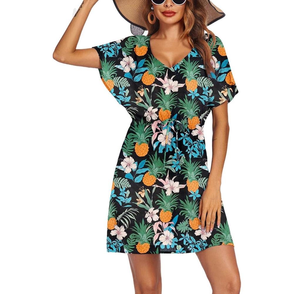 imageEkouaer Womens Swimsuit Coverup Short Sleeve Beach Cover Up Dress V Neck Bikini BeachwearBlack Pineapples01
