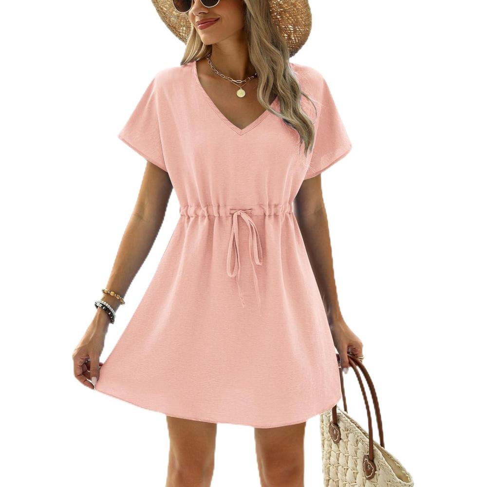 imageEkouaer Womens Swimsuit Coverup Short Sleeve Beach Cover Up Dress V Neck Bikini BeachwearLight Pink201