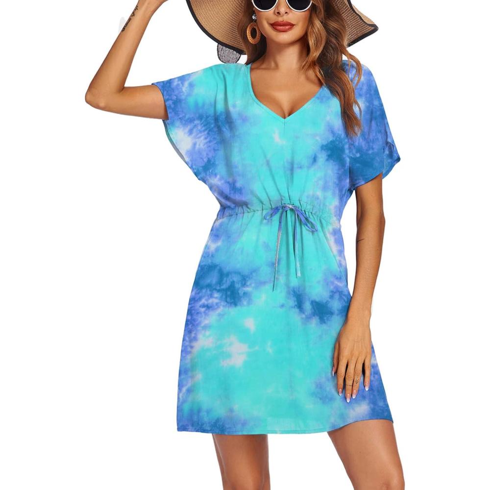 imageEkouaer Womens Swimsuit Coverup Short Sleeve Beach Cover Up Dress V Neck Bikini BeachwearMarine Tie Dye01