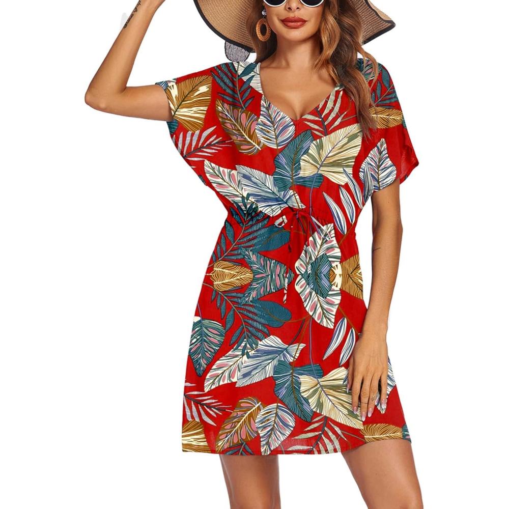 imageEkouaer Womens Swimsuit Coverup Short Sleeve Beach Cover Up Dress V Neck Bikini BeachwearRed Leaf01
