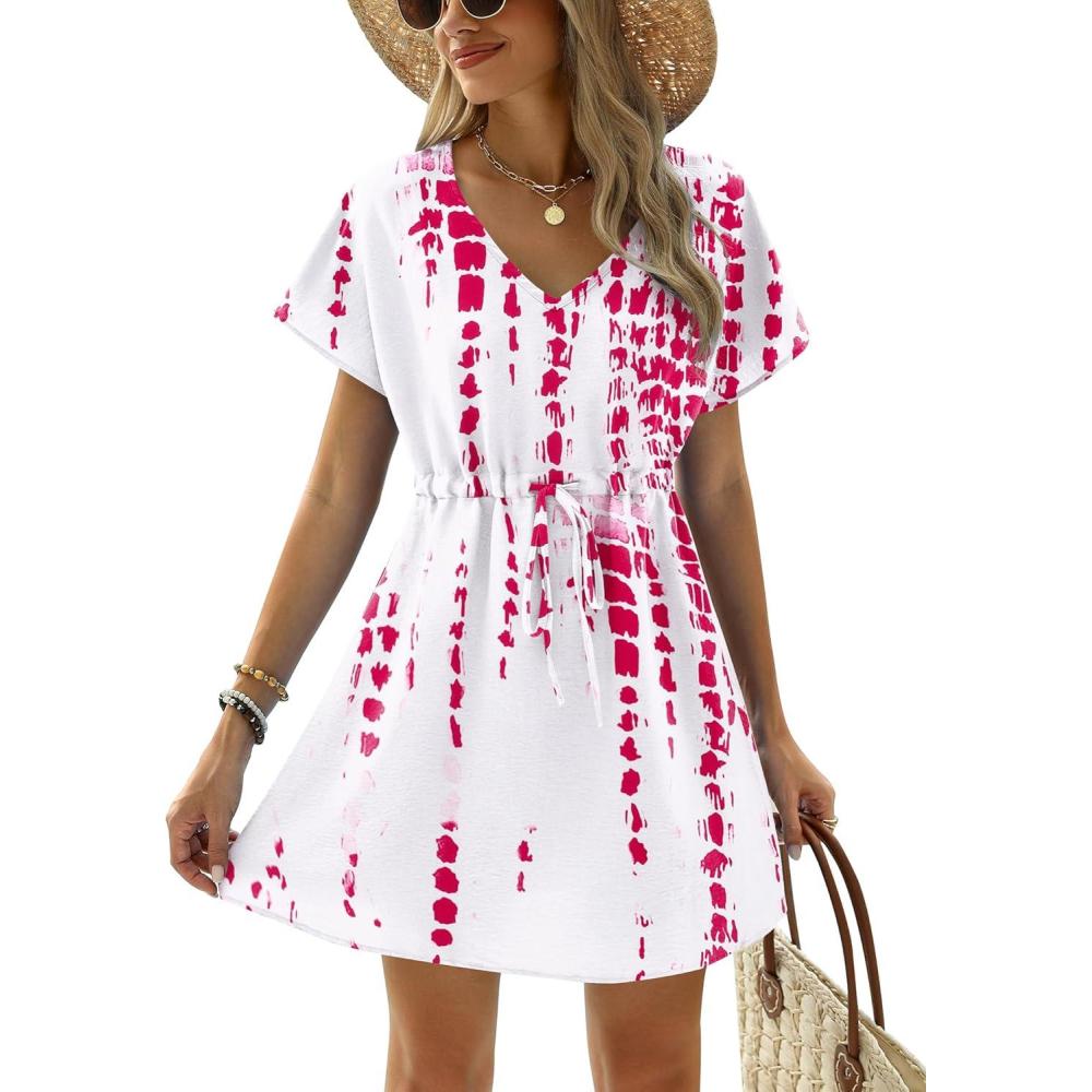 imageEkouaer Womens Swimsuit Coverup Short Sleeve Beach Cover Up Dress V Neck Bikini BeachwearRose Tie Dye01