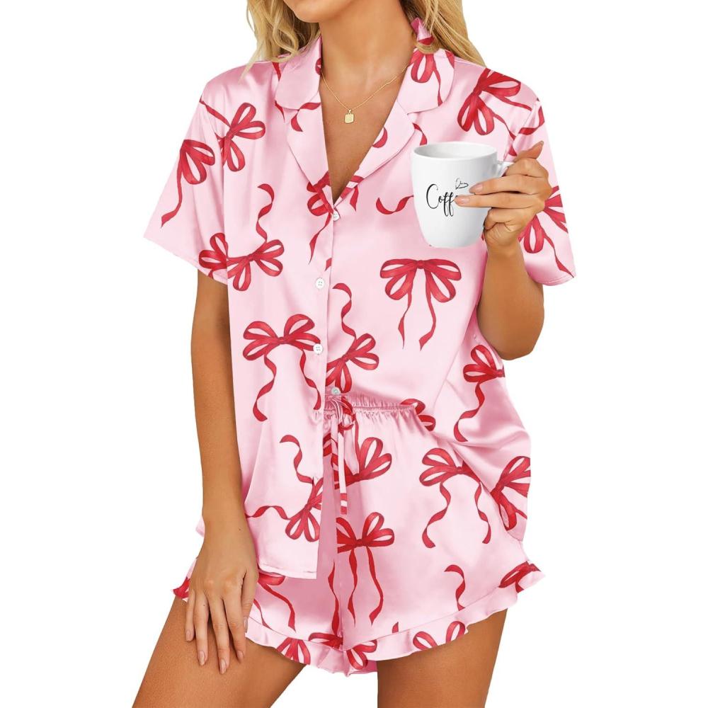 imageHOTOUCH Womens Satin Pajamas Set Button Down 2 Piece Silk Pjs Shorts Set Ruffle Lingerie Notch Collar SleepwearBow