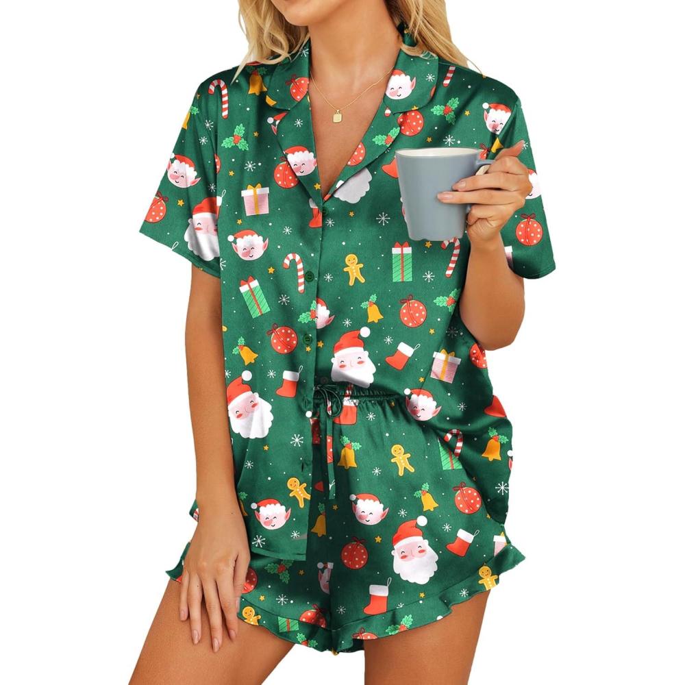 imageHOTOUCH Womens Satin Pajamas Set Button Down 2 Piece Silk Pjs Shorts Set Ruffle Lingerie Notch Collar SleepwearChristmas Green