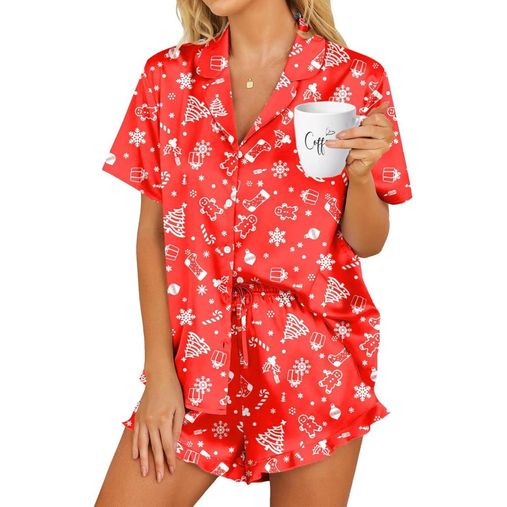 imageHOTOUCH Womens Satin Pajamas Set Button Down 2 Piece Silk Pjs Shorts Set Ruffle Lingerie Notch Collar SleepwearChristmas Red