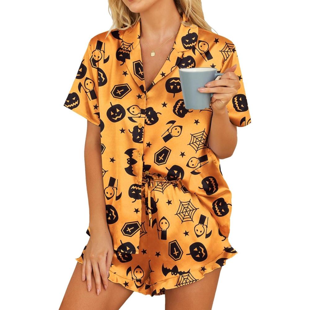 imageHOTOUCH Womens Satin Pajamas Set Button Down 2 Piece Silk Pjs Shorts Set Ruffle Lingerie Notch Collar SleepwearHalloween