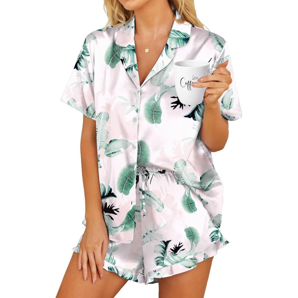 imageHOTOUCH Womens Satin Pajamas Set Button Down 2 Piece Silk Pjs Shorts Set Ruffle Lingerie Notch Collar SleepwearPink Leaf