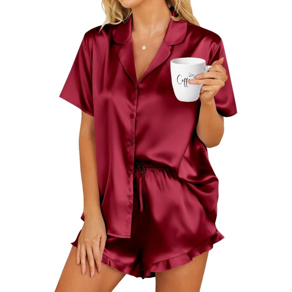 imageHOTOUCH Womens Satin Pajamas Set Button Down 2 Piece Silk Pjs Shorts Set Ruffle Lingerie Notch Collar SleepwearWine Red