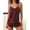 Ekouaer Satin Pajama Set for Women 2 Piece Silky Lingerie Sleepwear Lace Camisole Pj Shorts Set Soft Nightwear S-XXL(Wine Red)