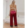 Ekouaer Women Silk Satin Pajama Pants, Color Block Loose Lounge Pants Elastic Waist Pj Bottoms with Pockets(Wine Red)