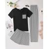 Ekouaer Women’s 3 Piece Pajama Set Short Sleeve Sleepwear Pj Set Top and Shorts Pants Pjs with Pockets(Black White Stripe)