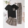 Ekouaer Women’s 3 Piece Pajama Set Short Sleeve Sleepwear Pj Set Top and Shorts Pants Pjs with Pockets(Brown Leopard)