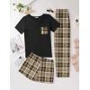 Ekouaer Women’s 3 Piece Pajama Set Short Sleeve Sleepwear Pj Set Top and Shorts Pants Pjs with Pockets(Brown Plaid)