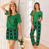 Ekouaer Women’s 3 Piece Pajama Set Short Sleeve Sleepwear Pj Set Top and Shorts Pants Pjs with Pockets(Green and Black Plaid)