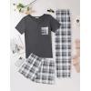 Ekouaer Women’s 3 Piece Pajama Set Short Sleeve Sleepwear Pj Set Top and Shorts Pants Pjs with Pockets(Light Gray Plaid)
