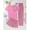 Ekouaer Women’s 3 Piece Pajama Set Short Sleeve Sleepwear Pj Set Top and Shorts Pants Pjs with Pockets(Pink Black Plaid)