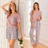 Ekouaer Women’s 3 Piece Pajama Set Short Sleeve Sleepwear Pj Set Top and Shorts Pants Pjs with Pockets(Pink Plaid)