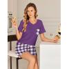 Ekouaer Women’s 3 Piece Pajama Set Short Sleeve Sleepwear Pj Set Top and Shorts Pants Pjs with Pockets(Purple Plaid)