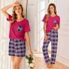 Ekouaer Women’s 3 Piece Pajama Set Short Sleeve Sleepwear Pj Set Top and Shorts Pants Pjs with Pockets(Purple and Green Plaid)