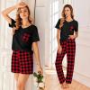 Ekouaer Women’s 3 Piece Pajama Set Short Sleeve Sleepwear Pj Set Top and Shorts Pants Pjs with Pockets(Red and Black Plaid)