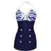 Ekouaer Womens One Piece Swimsuits Vintage Striped Skirt Bathing Suit Vintage Retro Push Up Swimwear(Blue Pattern)