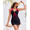 Ekouaer Womens One Piece Swimsuits Vintage Striped Skirt Bathing Suit Vintage Retro Push Up Swimwear(New Black)