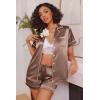 Ekouaer Womens Satin Silk Pajamas Set Short Sleeve Sleepwear Button Down Top and Shorts Loungewear 2 Piece Pjs Set S-XXL(Brown)