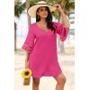 Ekouaer Women’s Swimsuit Cover Up 3/4 Bell Sleeve Beachwear Coverups Deep V-Neck Bikini Beach Dress S-3XL(Hot Pink)
