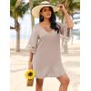 Ekouaer Women’s Swimsuit Cover Up 3/4 Bell Sleeve Beachwear Coverups Deep V-Neck Bikini Beach Dress S-3XL(Khaki)