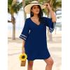 Ekouaer Women’s Swimsuit Cover Up 3/4 Bell Sleeve Beachwear Coverups Deep V-Neck Bikini Beach Dress S-3XL(Navy Blue)