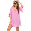 Ekouaer Women’s Swimsuit Cover Up 3/4 Bell Sleeve Beachwear Coverups Deep V-Neck Bikini Beach Dress S-3XL(Pink)
