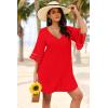 Ekouaer Women’s Swimsuit Cover Up 3/4 Bell Sleeve Beachwear Coverups Deep V-Neck Bikini Beach Dress S-3XL(Red)
