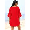Ekouaer Women’s Swimsuit Cover Up 3/4 Bell Sleeve Beachwear Coverups Deep V-Neck Bikini Beach Dress S-3XL(Red)